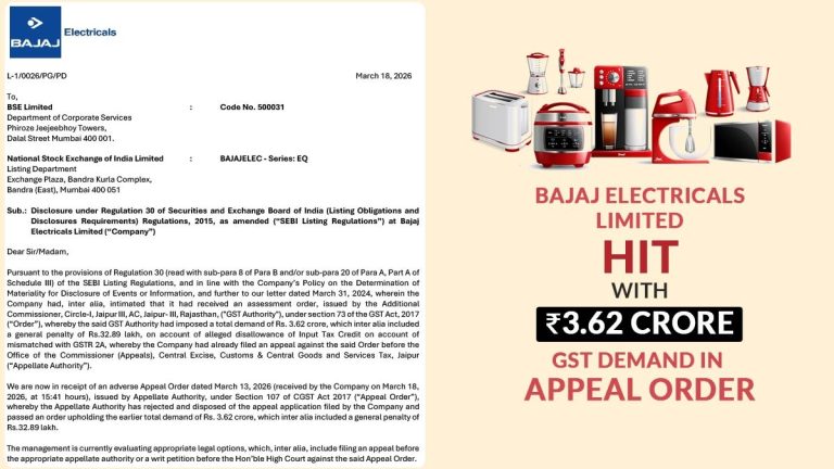 Bajaj Electricals Limited Hit with ₹3.62 Crore GST Demand in Appeal Order