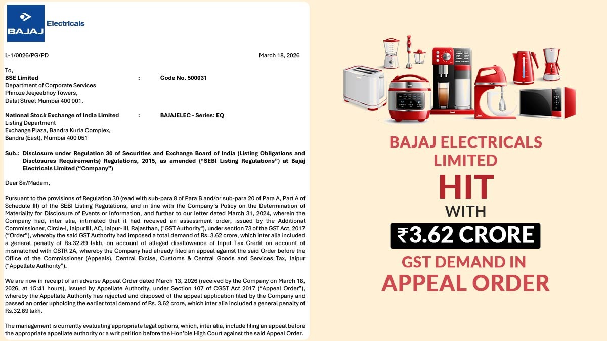 Bajaj Electricals Limited Hit with ₹3.62 Crore GST Demand in Appeal Order