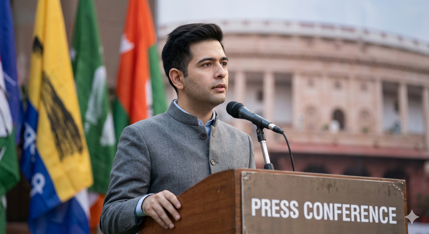 AAP MP Raghav Chadha speaking at a press conference amidst rumors of joining the BJP.