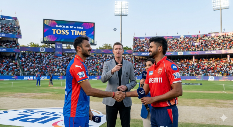 Axar Patel (DC) and Shreyas Iyer (PBKS) shaking hands during the toss of Match 35, IPL 2026 at Arun Jaitley Stadium.