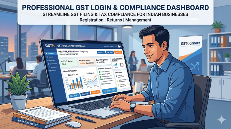 A vector illustration of an Indian business owner using a comprehensive GST portal dashboard on a laptop. The screen shows financial charts, GSTR filing status, and compliance management tools. The setting is a modern office with tax documents and financial reports on the desk, featuring a clean blue and white corporate theme.
