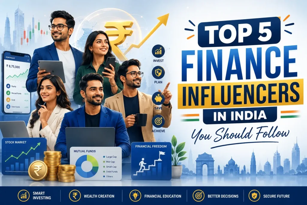 Top 5 Finance Influencers in India with investment charts, smartphones, and finance analytics